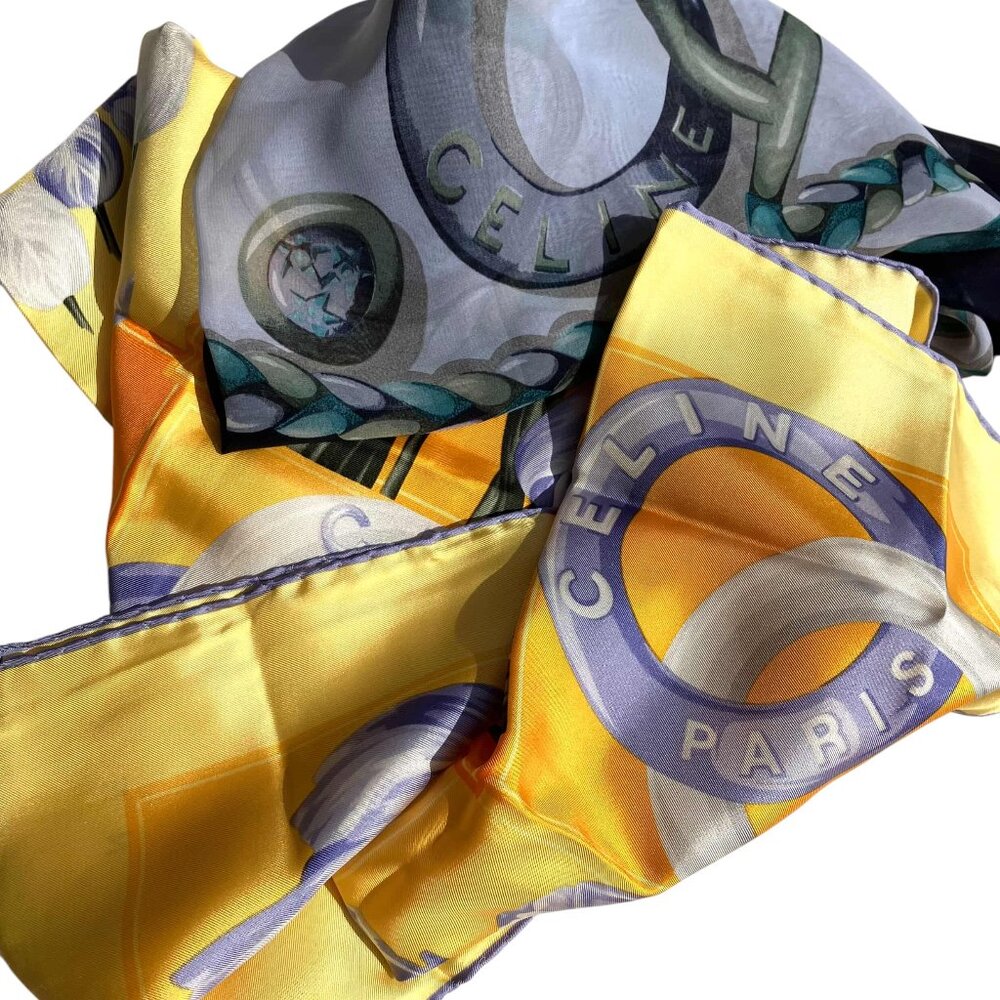 Set of 2 CELINE Multicolor Silk Scarfs Vibrant Yellow Floral Equestrian Blue